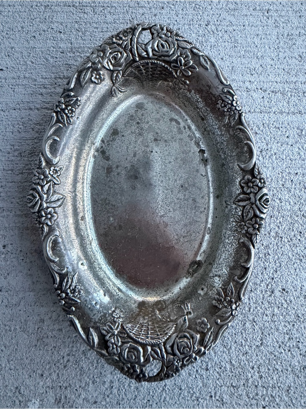 Vintage Japan Tarnish Resistant Floral Silver Tone Wall Pocket Catchall Tray